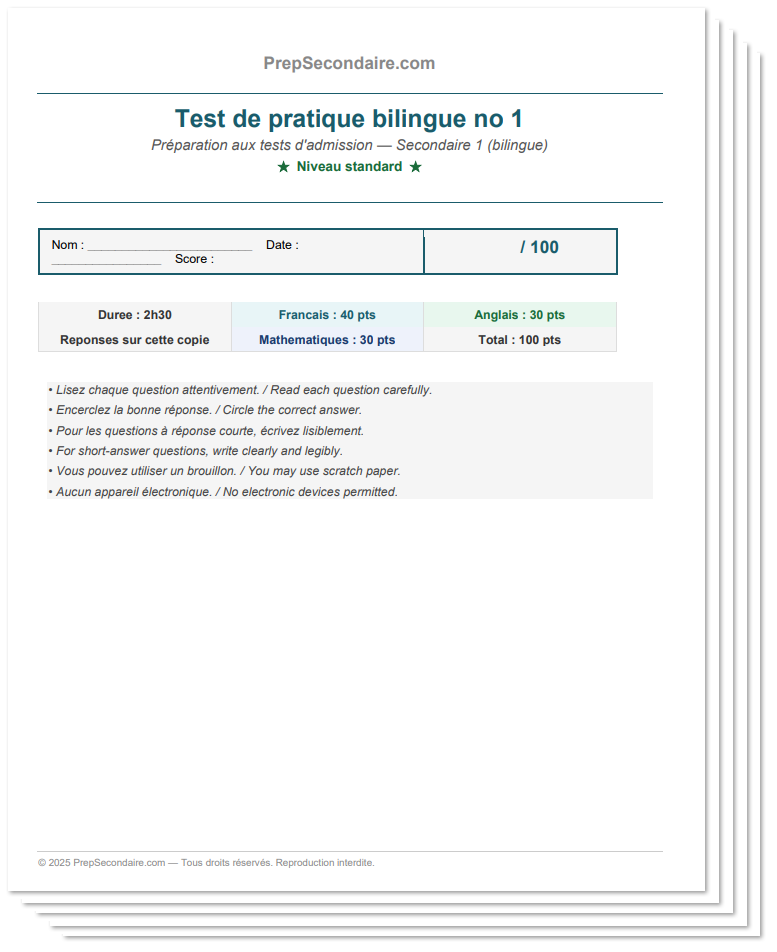 forfait examen secondaire bilingue