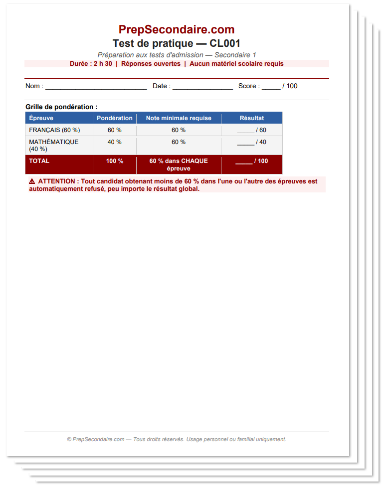 forfait examen secondaire collège privé