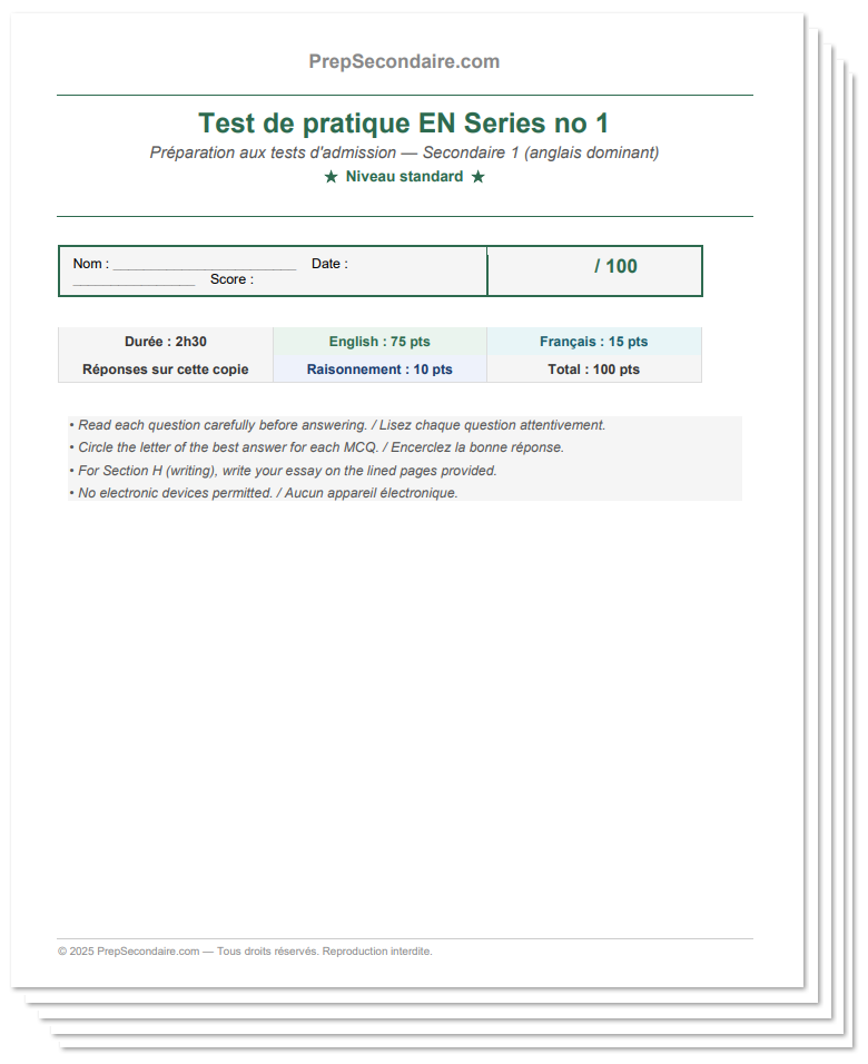 forfait examen secondaire anglais