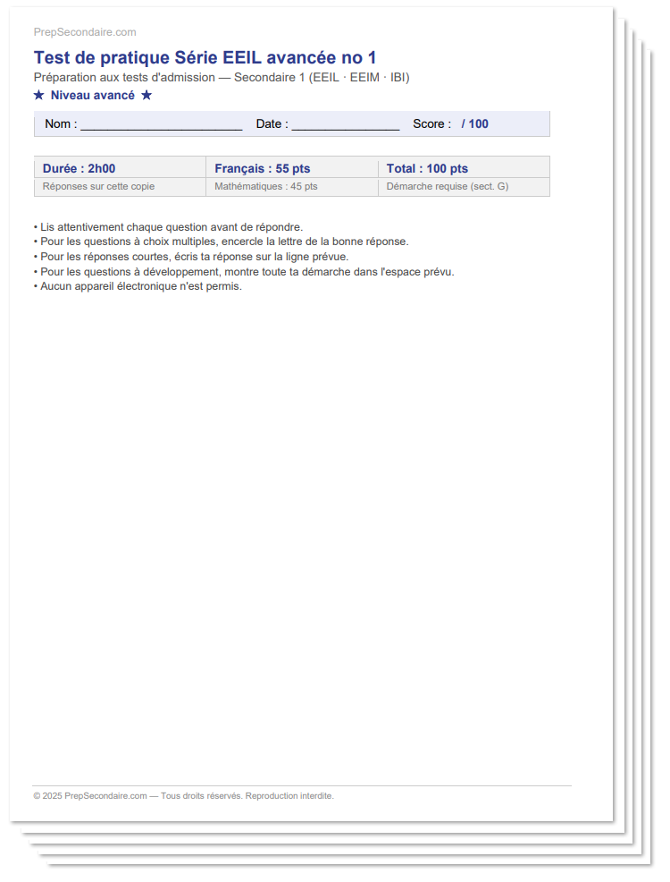 forfait examen secondaire international